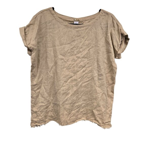 Magaschoni S Frayed Hem Beige Linen Oversized Short Sleeve Top - Picture 1 of 7